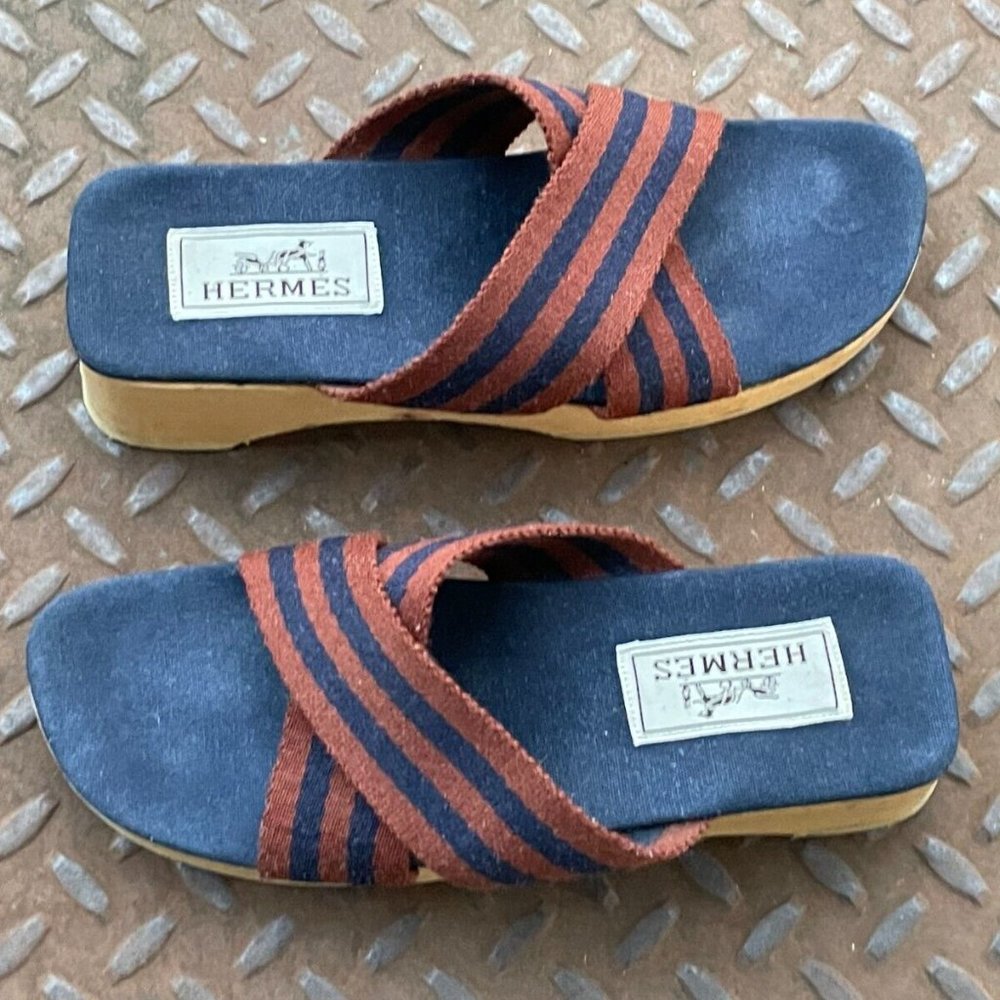 Hermes Women Sandals Canvas Navy Tan Ribbon Strap Wooden Heel Shoes Size 36/5 - Picture 6 of 12